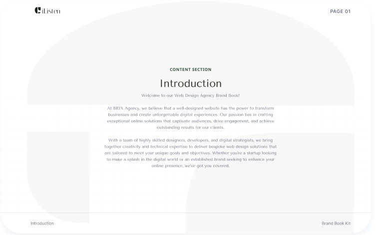 Introduction du Brand Book : Présentation de l'agence et de la mission.